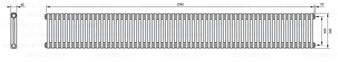 Схема (чертеж) Радиатор Zehnder Charleston 2050/60 №7610 Белый глянцевый RAL 9016